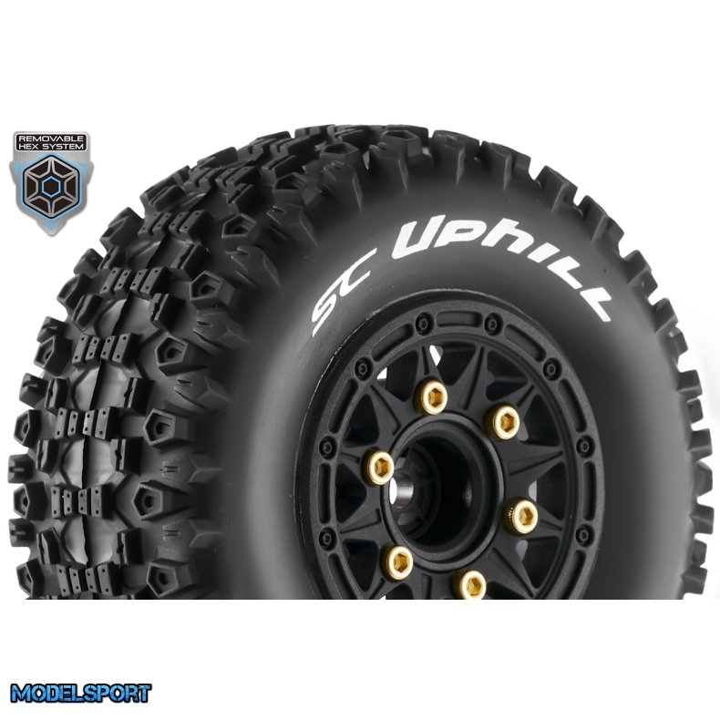 Louise RC - SC-UPHILL - 1-10 Short Course Tire Set - Mounted - Soft - Black Wheels - Removable 1-10 SC Hex - 12, 14, 17mm - L-T3223SB