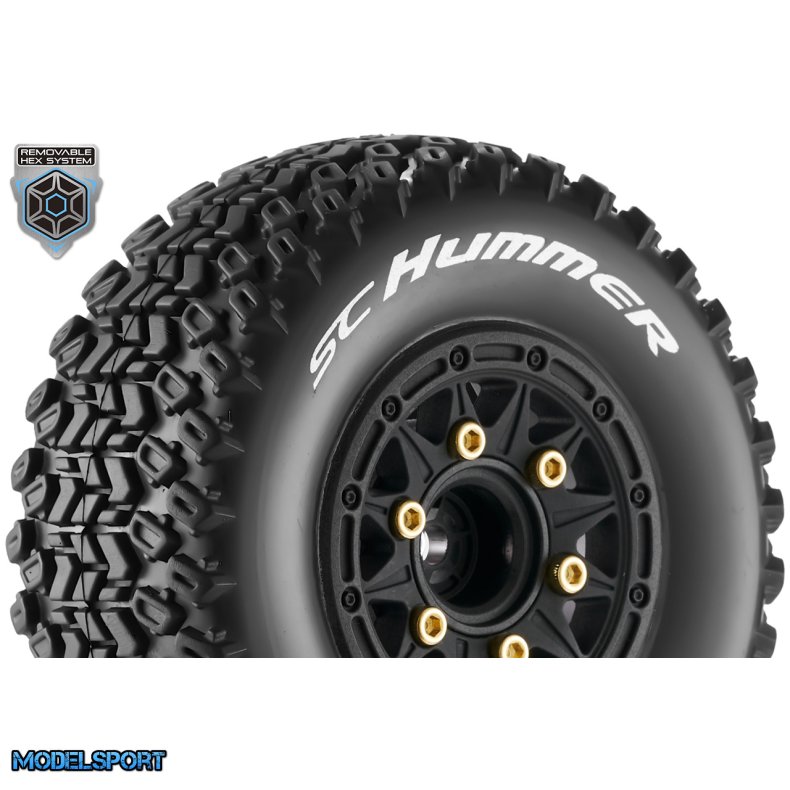 Louise RC - SC-HUMMER - 1-10 Short Course Tire Set - Mounted - Soft - Black Wheels - Removable 1-10 SC Hex - 12, 14, 17mm - L-T3224SB