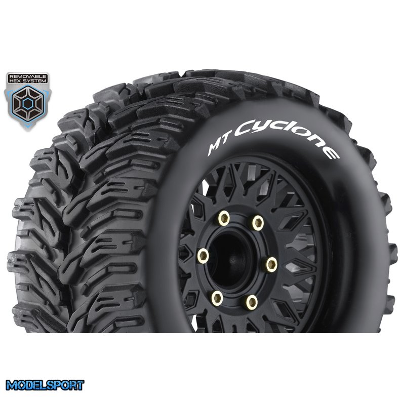 Louise RC - MT-CYCLONE - 1-10 Monster Truck Tire Set - Mounted - Sport - Black Wheels - Removable HEX 12 Narrow, 12 Wide, 14, 17mm - L-T3226SX