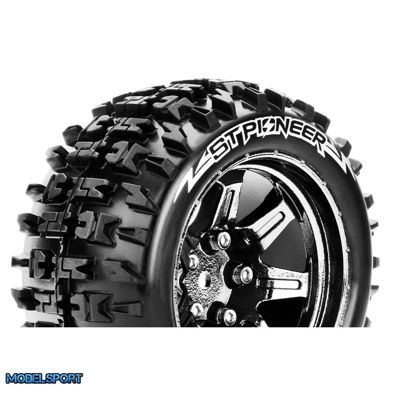 Louise RC - ST-PIONEER - 1-10 Stadium Truck Tire Set - Mounted - Soft - Black Chrome 2.8 Wheels - Hex 14mm - L-T3227SBCM