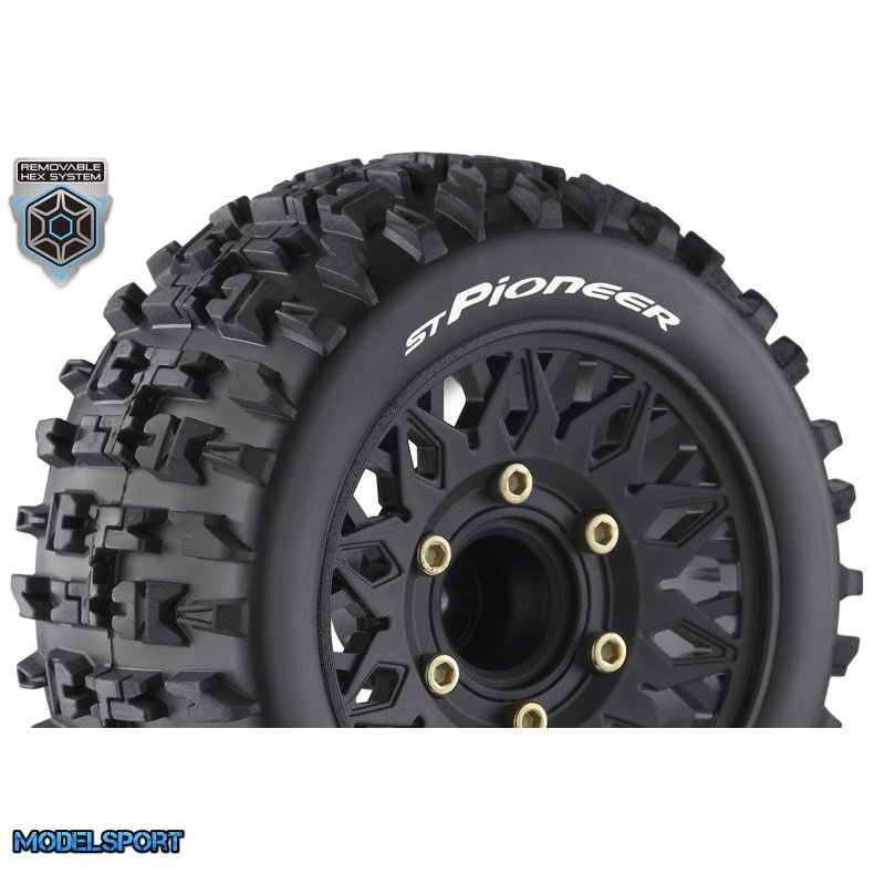 Louise RC - ST-PIONEER - 1-10 Stadium Truck Tire Set - Mounted - Sport - Black Wheels - Removable HEX 12 Narrow, 12 Wide, 14, 17mm - L-T3227SX