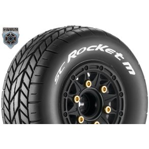 Louise RC - SC-ROCKET M - 1-10 Short Course Tire Set - Mounted - Soft - Black Wheels - Removable 1-10 SC Hex - 12, 14, 17mm - L-T3228SB