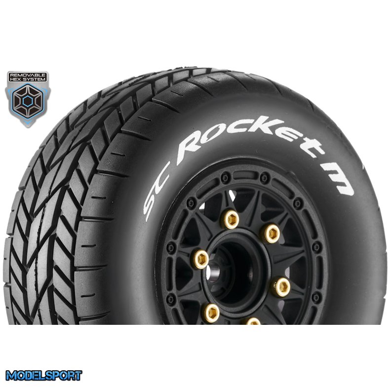 Louise RC - SC-ROCKET M - 1-10 Short Course Tire Set - Mounted - Soft - Black Wheels - Removable 1-10 SC Hex - 12, 14, 17mm - L-T3228SB