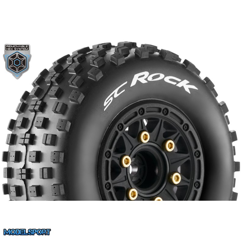 Louise RC - SC-ROCK - 1-10 Short Course Tire Set - Mounted - Soft - Black Wheels - 1-10 SC Removable Hex - 12, 14, 17mm - L-T3229SB