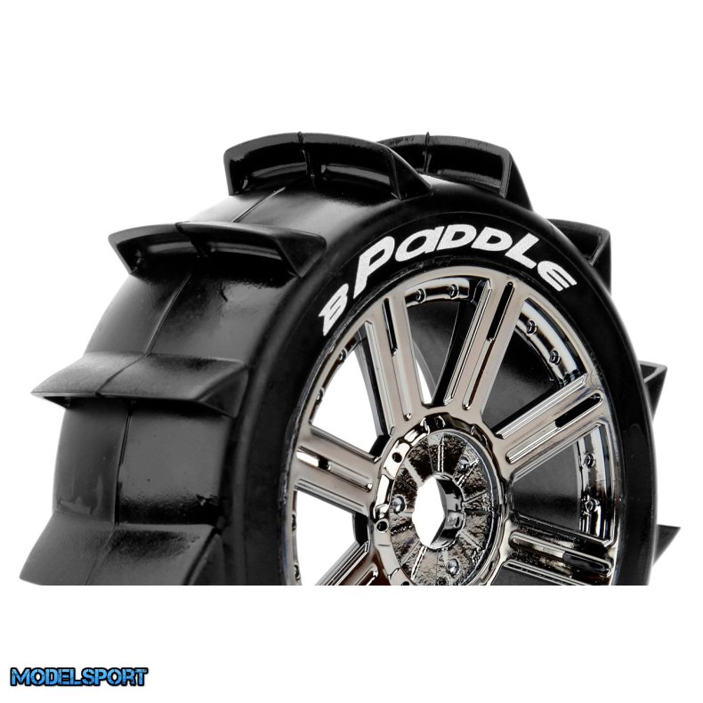 Louise RC - B-PADDLE - 1-8 Buggy Tire Set - Mounted - Soft - Black-Chrome Spoke Wheels - Hex 17mm - L-T3249SBC