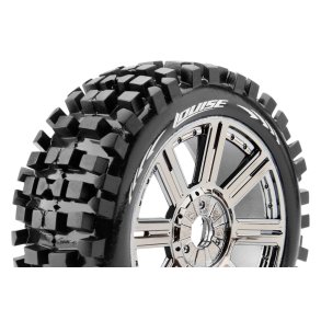 Louise RC - B-ULLDOZE - 1-8 Buggy Tire Set - Mounted - Soft - Black-Chrome Spoke Wheels - Hex 17mm - L-T324SBC