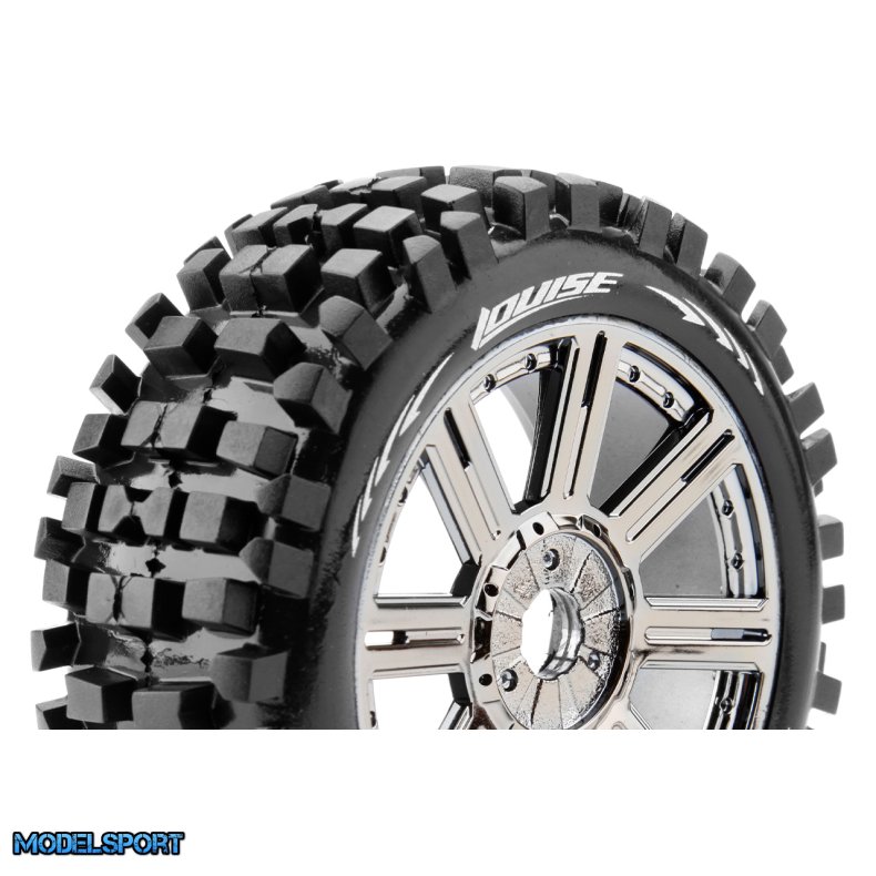 Louise RC - B-ULLDOZE - 1-8 Buggy Tire Set - Mounted - Soft - Black-Chrome Spoke Wheels - Hex 17mm - L-T324SBC