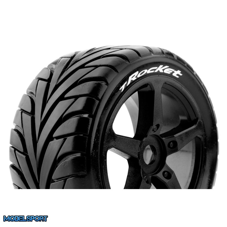 Louise RC - T-ROCKET - 1-8 Truggy Tire Set - Mounted - Soft - Black Spoke Wheels - 0-Offset - Hex 17mm - L-T3250SB