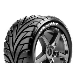 Louise RC - T-ROCKET - 1-8 Truggy Tire Set - Mounted - Soft - Black-Chrome Spoke Wheels - 0-Offset - Hex 17mm - L-T3250SBC