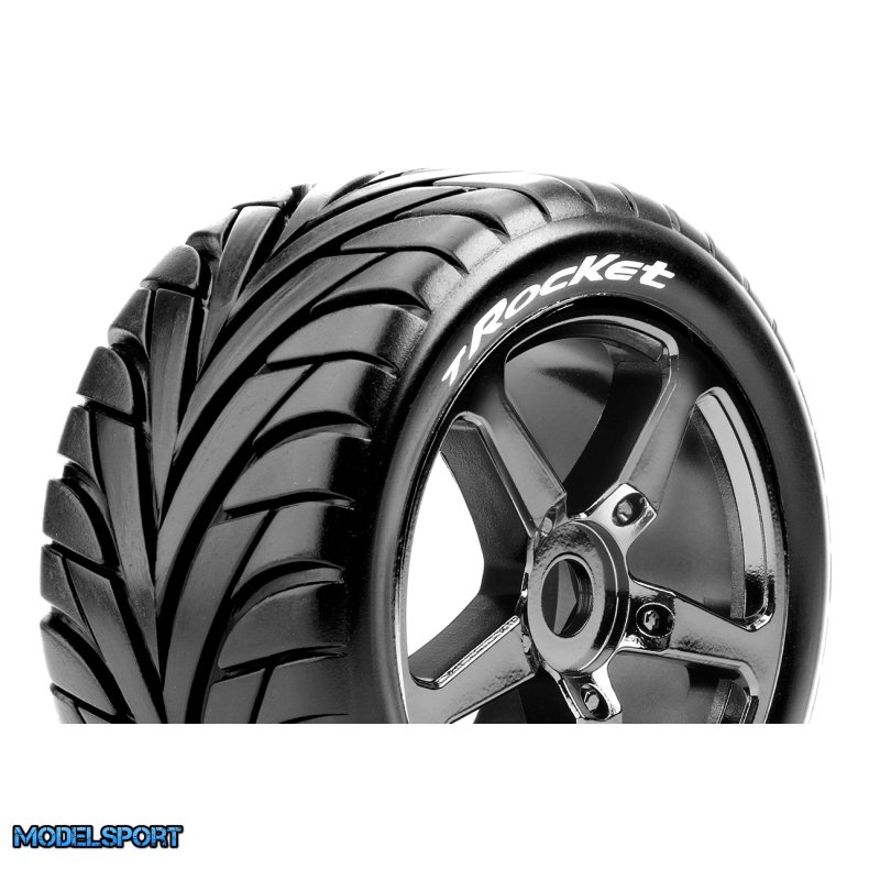 Louise RC - T-ROCKET - 1-8 Truggy Tire Set - Mounted - Soft - Black-Chrome Spoke Wheels - 0-Offset - Hex 17mm - L-T3250SBC