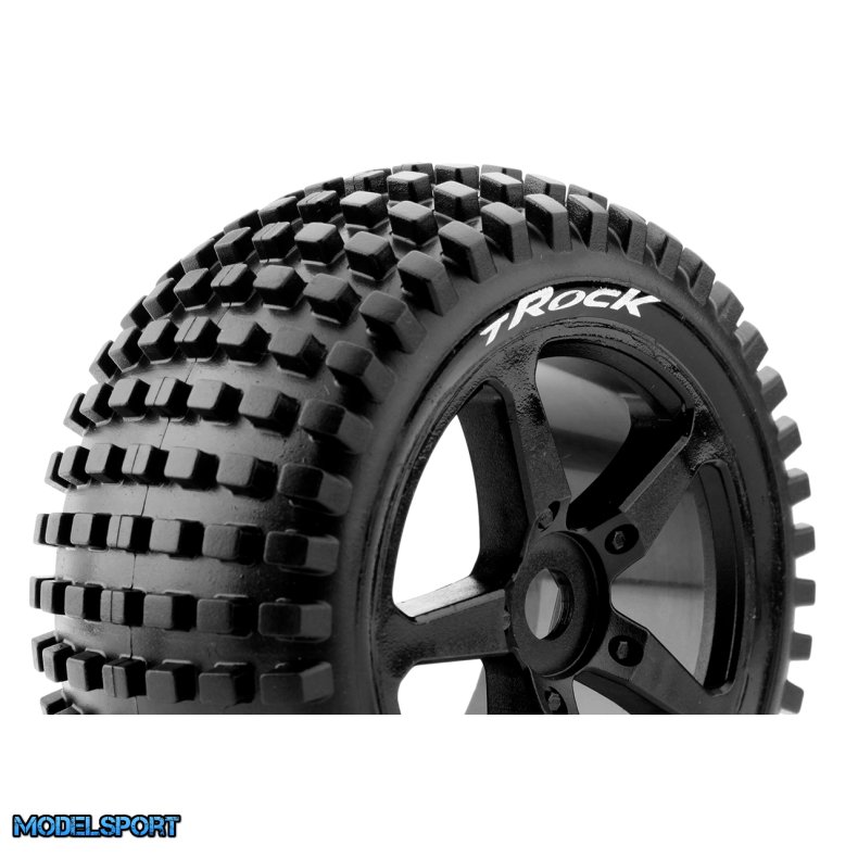 Louise RC - T-ROCK - 1-8 Truggy Tire Set - Mounted - Soft - Black Spoke Wheels - 0-Offset - Hex 17mm - L-T3251SB
