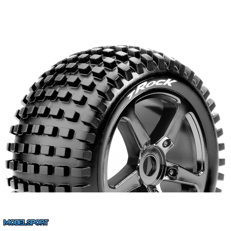 Louise RC - T-ROCK - 1-8 Truggy Tire Set - Mounted - Soft - Black-Chrome Spoke Wheels - 0-Offset - Hex 17mm - L-T3251SBC