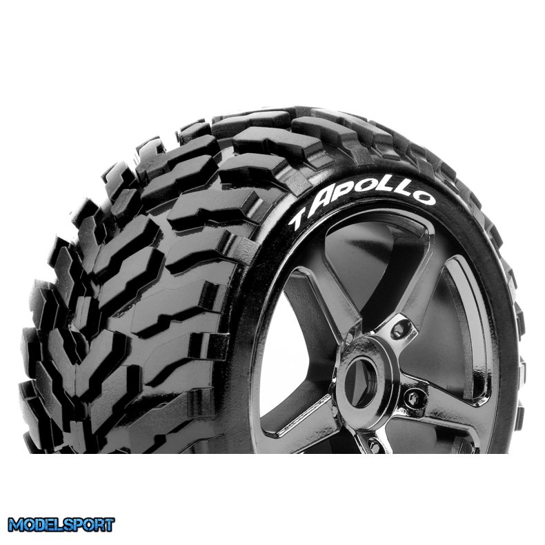 Louise RC - T-APOLLO - 1-8 Truggy Tire Set - Mounted - Soft - Black-Chrome Spoke Wheels - 0-Offset - Hex 17mm - L-T3252SBC