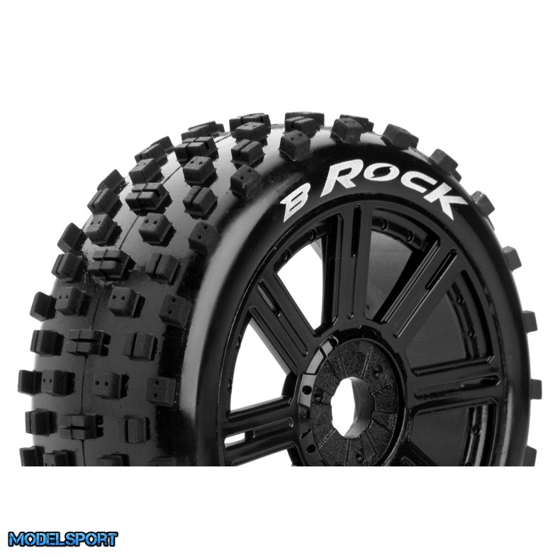 Louise RC - B-ROCK - 1-8 Buggy Tire Set - Mounted - Soft - Black Spoke Wheels - Hex 17mm - L-T3270SB