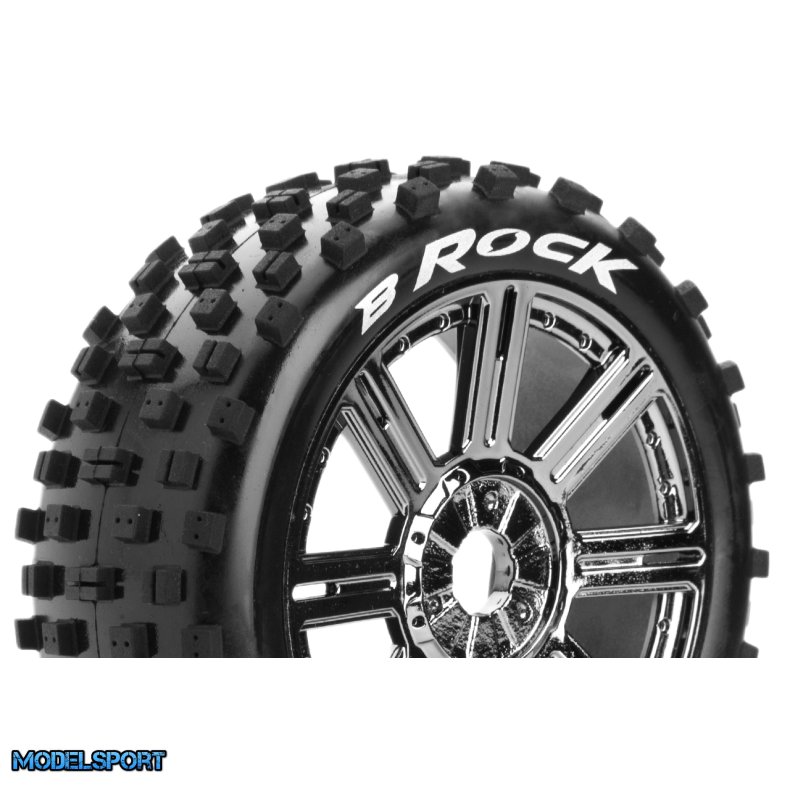 Louise RC - B-ROCK - 1-8 Buggy Tire Set - Mounted - Soft - Black-Chrome Spoke Wheels - Hex 17mm - L-T3270SBC