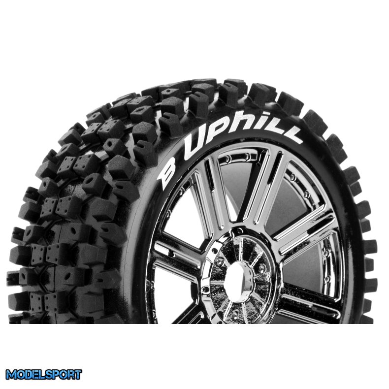 Louise RC - B-UPHILL - 1-8 Buggy Tire Set - Mounted - Soft - Black-Chrome Spoke Wheels - Hex 17mm - L-T3271SBC
