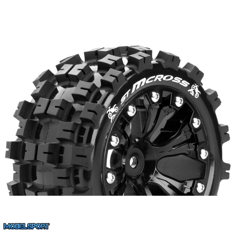 Louise RC - ST-MCROSS - 1-10 Stadium Truck Tire Set - Mounted - Sport - Black 2.8 Wheels - Hex 14mm - L-T3272SBM