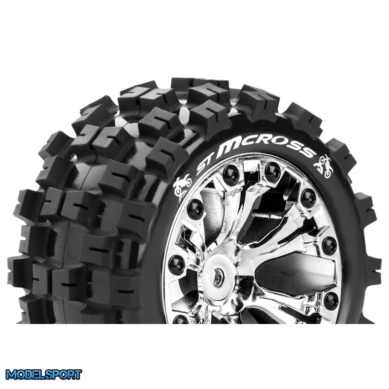 Louise RC - ST-MCROSS - 1-10 Stadium Truck Tire Set - Mounted - Sport - Chrome 2.8 Wheels - 1/2-Offset - Hex 12mm - L-T3272SCH