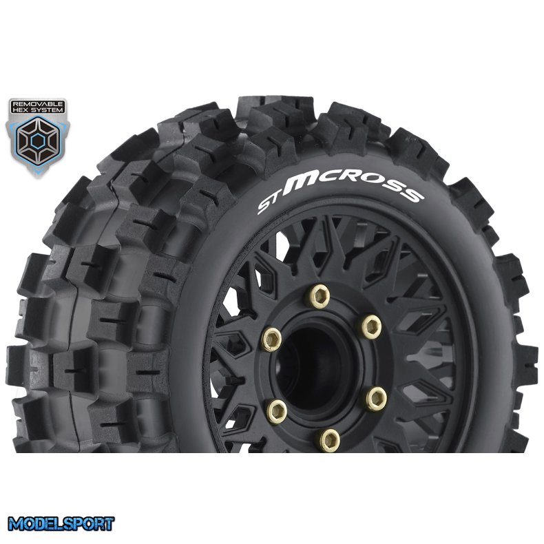 Louise RC - ST-MCROSS - 1-10 Stadium Truck Tire Set - Mounted - Sport - Black Wheels - Removable HEX 12 Narrow, 12 Wide, 14, 17mm - L-T3272X