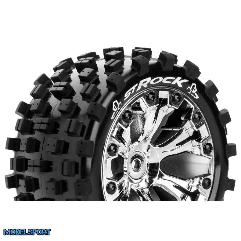Louise RC - ST-ROCK - 1-10 Stadium Truck Tire Set - Mounted - Sport - Chrome 2.8 Wheels - 0-Offset - Hex 12mm - L-T3273SC