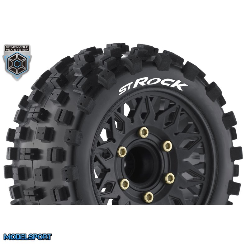 Louise RC - ST-ROCK - 1-10 Stadium Truck Tire Set - Mounted - Sport - Black Wheels - Removable HEX 12 Narrow, 12 Wide, 14, 17mm - L-T3273SX