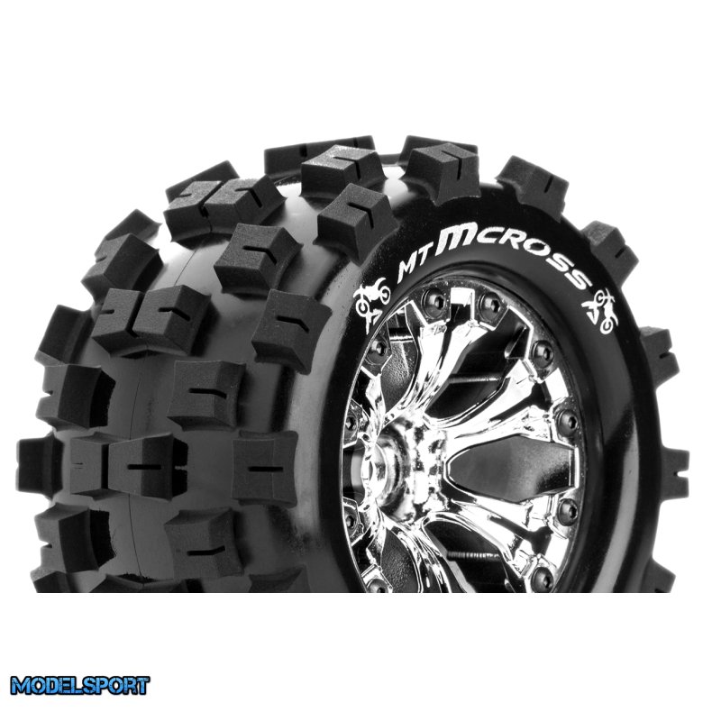 Louise RC - MT-MCROSS - 1-10 Monster Truck Tire Set - Mounted - Sport - Chrome 2.8 Wheels - 0-Offset - Hex 12mm - L-T3274SC