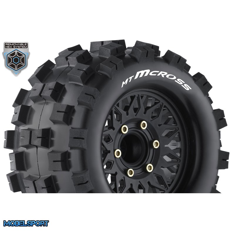 Louise RC - MT-MCROSS - 1-10 Monster Truck Tire Set - Mounted - Sport - Black Wheels - Removable HEX 12 Narrow, 12 Wide, 14, 17mm - L-T3274SX