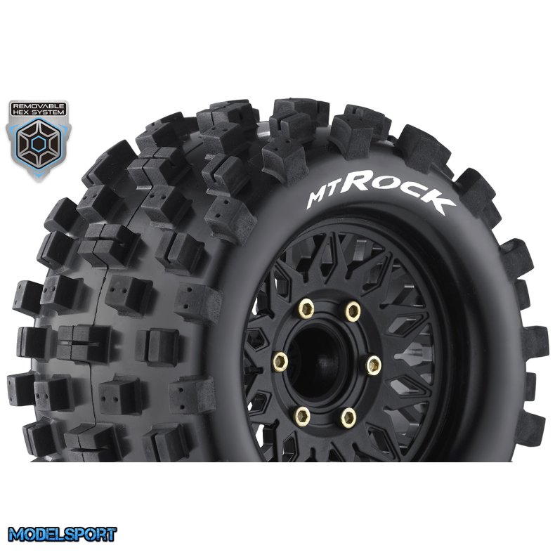 Louise RC - MT-ROCK - 1-10 Monster Truck Tire Set - Mounted - Sport - Black Wheels - Removable HEX 12 Narrow, 12 Wide, 14, 17mm - L-T3275SX