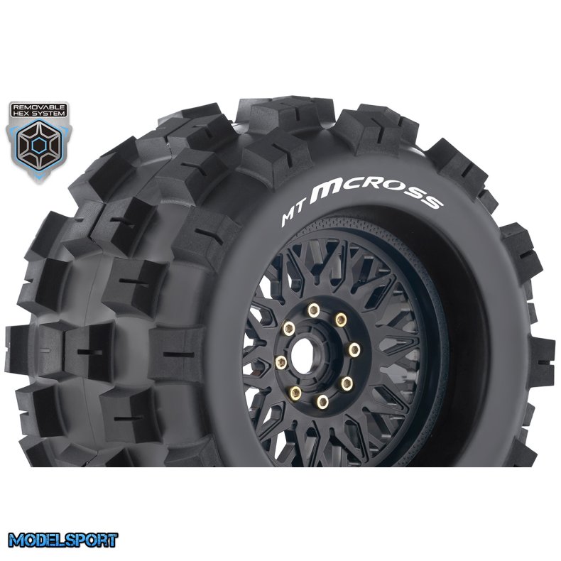 Louise RC - MT-MCROSS - 1-8 Monster Truck Tire Set - Mounted - Sport - Black Wheels - Removable 0" &amp; 1/2" OFFSET HEX 17mm - L-T3276X