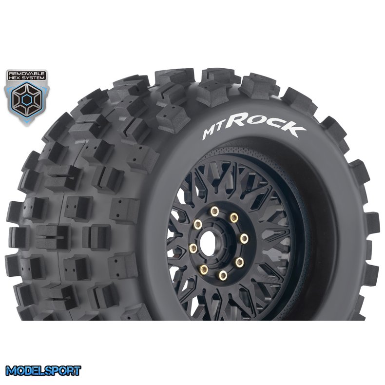 Louise RC - MT-ROCK - 1-8 Monster Truck Tire Set - Mounted - Sport - Black Wheels - Removable 0" &amp; 1/2" OFFSET HEX 17mm - L-T3277X