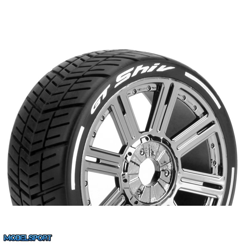Louise RC - MFT - GT-SHIV - 1-8 Buggy Tire Set - Mounted - Soft - Black Chrome Spoke Wheels - Hex 17mm - L-T3284SBC