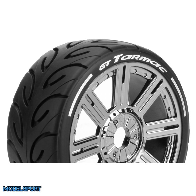 Louise RC - MFT - GT-TARMAC - 1-8 Buggy Tire Set - Mounted - Soft - Black Chrome Spoke Wheels - Hex 17mm - L-T3285SBC