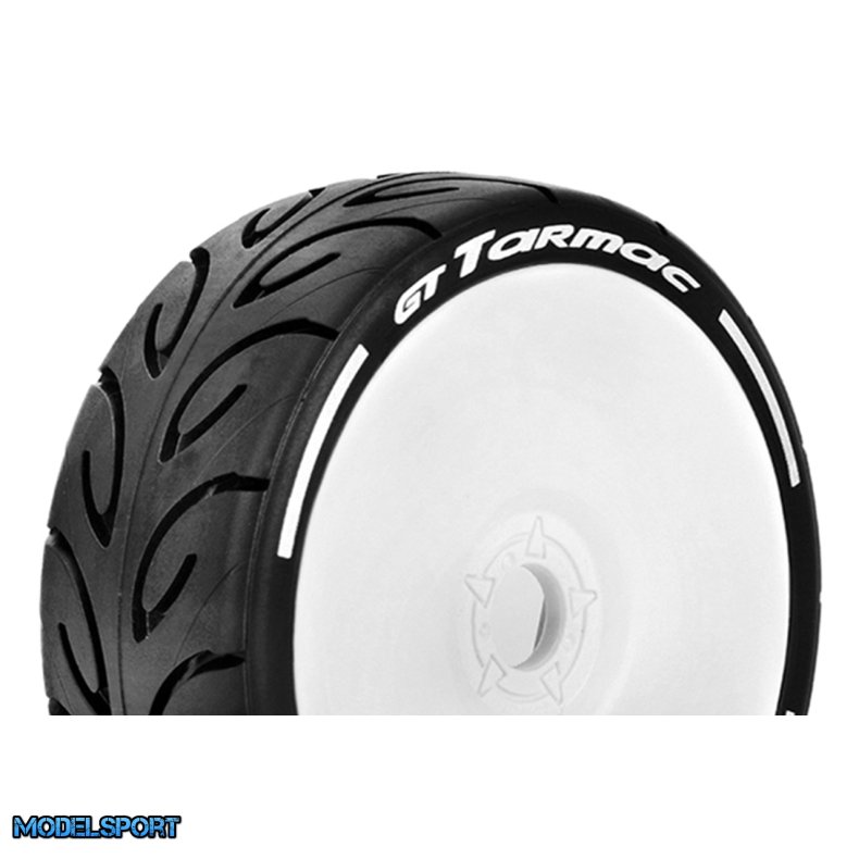 Louise RC - MFT - GT-TARMAC - 1-8 Buggy Tire Set - Mounted - Soft - White Wheels - Hex 17mm - L-T3285SW