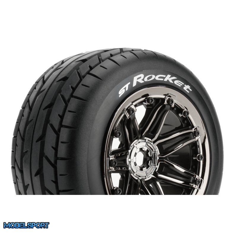 Louise RC - ST-ROCKET - 1-8 Stadium Truck Tire Set - Mounted - Sport - Black Chrome 3.8 Bead Style Wheels - Hex 17mm - L-T3286BC