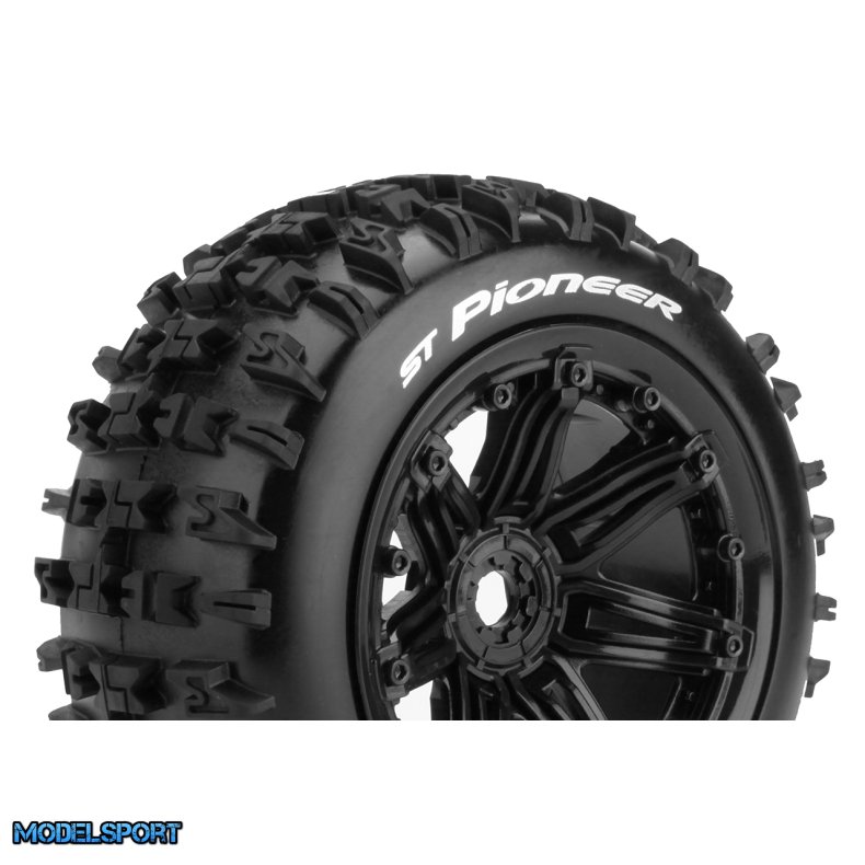 Louise RC - ST-PIONEER - 1-8 Stadium Truck Tire Set - Mounted - Sport - Black 3.8 Bead Style Wheels - Hex 17mm - L-T3287B