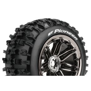 Louise RC - ST-PIONEER - 1-8 Stadium Truck Tire Set - Mounted - Sport - Black Chrome 3.8 Bead Style Wheels - Hex 17mm - L-T3287BC