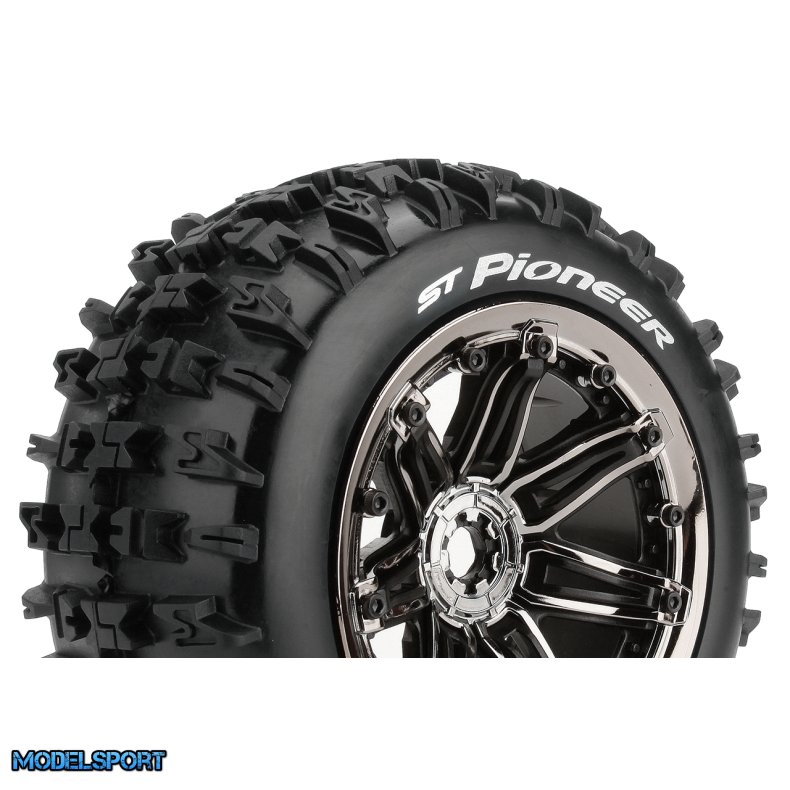 Louise RC - ST-PIONEER - 1-8 Stadium Truck Tire Set - Mounted - Sport - Black Chrome 3.8 Bead Style Wheels - Hex 17mm - L-T3287BC