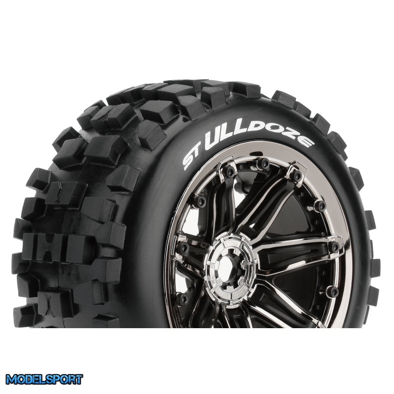 Louise RC - ST-ULLDOZE- 1-8 Stadium Truck Tire Set - Mounted - Sport - Black Chrome 3.8 Bead Style Wheels - Hex 17mm - L-T3288BC