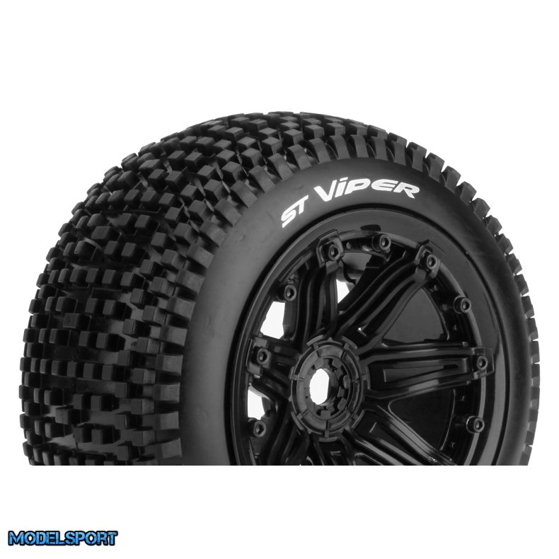Louise RC - ST-VIPER - 1-8 Stadium Truck Tire Set - Mounted - Sport - Black 3.8 Bead Style Wheels - Hex 17mm - L-T3289B