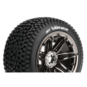 Louise RC - ST-VIPER- 1-8 Stadium Truck Tire Set - Mounted - Sport - Black Chrome 3.8 Bead Style Wheels - Hex 17mm - L-T3289BC