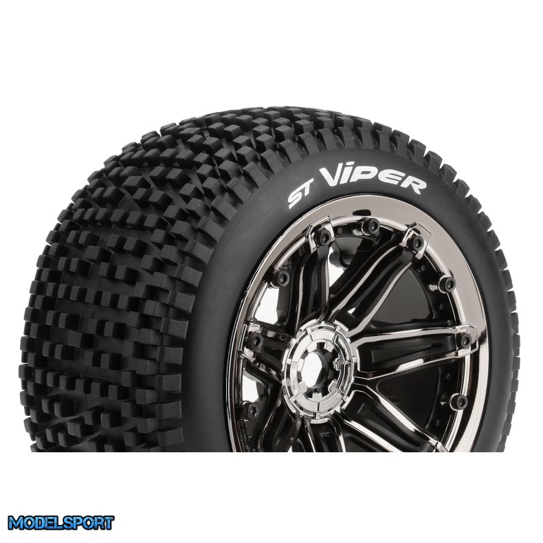 Louise RC - ST-VIPER- 1-8 Stadium Truck Tire Set - Mounted - Sport - Black Chrome 3.8 Bead Style Wheels - Hex 17mm - L-T3289BC