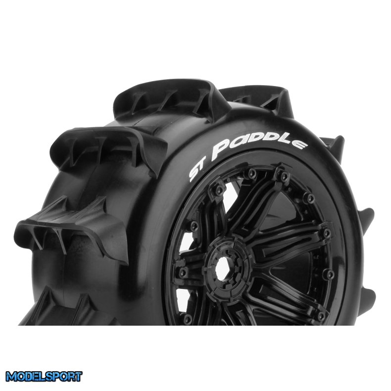 Louise RC - ST-PADDLE - 1-8 Stadium Truck Tire Set - Mounted - Sport - Black 3.8 Bead Style Wheels - Hex 17mm - L-T3290B