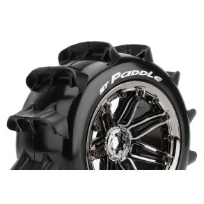 Louise RC - ST-PADDLE- 1-8 Stadium Truck Tire Set - Mounted - Sport - Black Chrome 3.8 Bead Style Wheels - Hex 17mm - L-T3290BC
