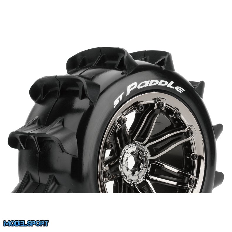 Louise RC - ST-PADDLE- 1-8 Stadium Truck Tire Set - Mounted - Sport - Black Chrome 3.8 Bead Style Wheels - Hex 17mm - L-T3290BC