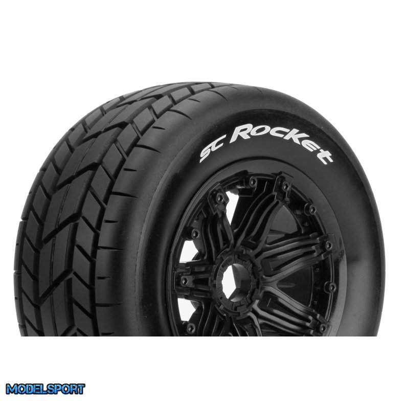 Louise RC - SC-ROCKET - 1-5 Short Course Truck Tire Set - Mounted - Sport - Black Bead-Lock Wheels - Hex 24mm - Rear - L-T3291B