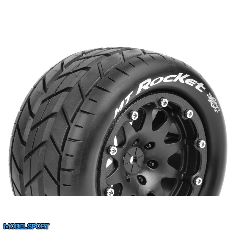Louise RC - MFT - MT-ROCKET - 1-10 Monster Truck Tire Set - Mounted - Sport - Black 2.8 Bead-Lock Wheels - 0-Offset - Hex 12mm - L-T3307SB
