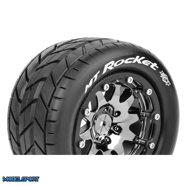 Louise RC - MFT - MT-ROCKET - 1-10 Monster Truck Tire Set - Mounted - Sport - Black Chrome 2.8 Bead-Lock Wheels - 0-Offset - Hex 12mm - L-T3307SBC