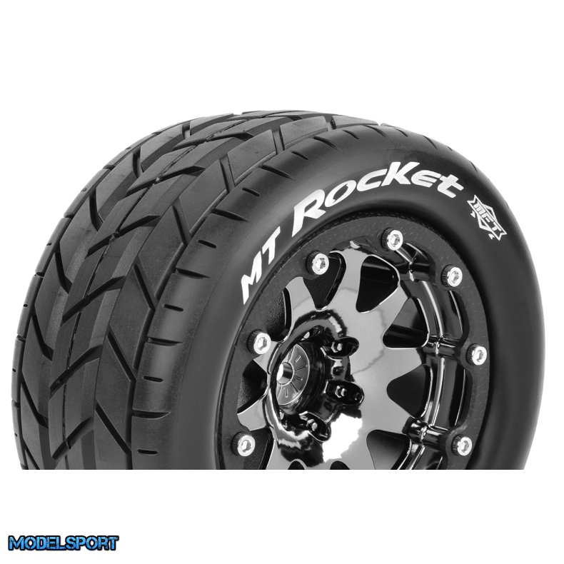 Louise RC - MFT - MT-ROCKET - 1-10 Monster Truck Tire Set - Mounted - Sport - Black Chrome 2.8 Bead-Lock Wheels - 1/2-Offset - Hex 12mm - L-T3307SBCH