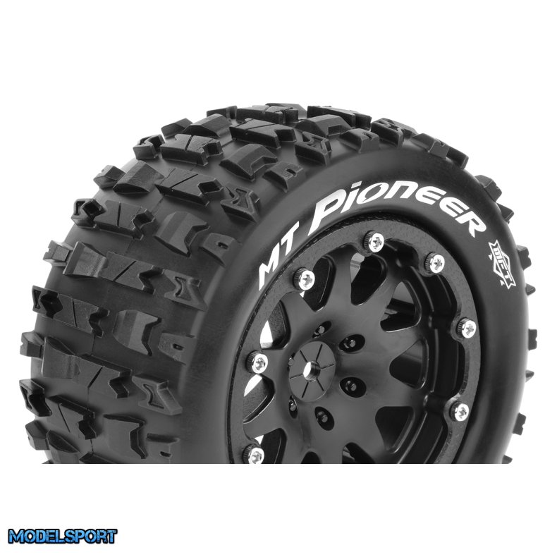 Louise RC - MFT - MT-PIONEER - 1-10 Monster Truck Tire Set - Mounted - Sport - Black 2.8 Bead-Lock Wheels - 0-Offset - Hex 12mm - L-T3308SB