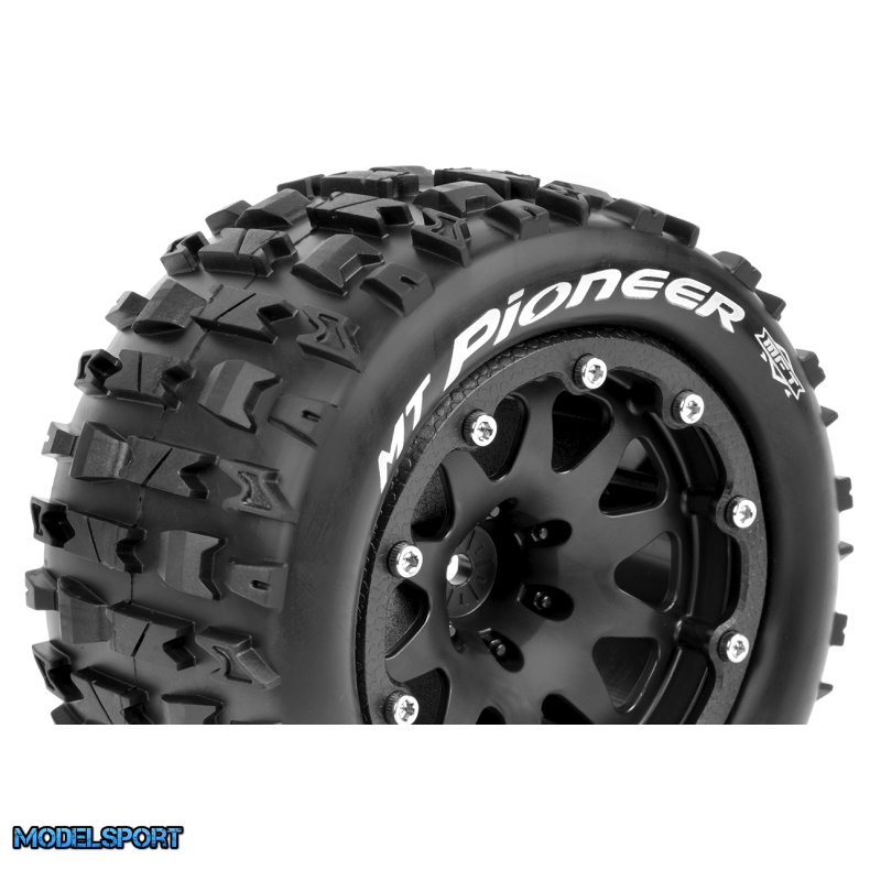 Louise RC - MFT - MT-PIONEER - 1-10 Monster Truck Tire Set - Mounted - Sport - Black 2.8 Bead-Lock Wheels - 1/2-Offset - Hex 12mm - L-T3308SBH